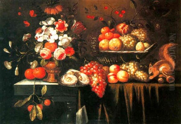 A Still Life Of Fruits And Flowers With A Squirrel On A Ledge Oil Painting by Jan Pauwel Gillemans The Elder