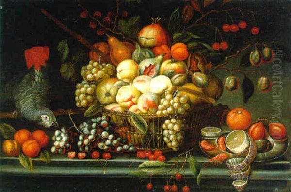 Peaches, Grapes And Other Fruits In A Basket, With A Parrot, Cherries And A Pewter Plate With An Orange, Prawns And A Peeled Lemon On A Stone Ledge Oil Painting by Jan Pauwel Gillemans The Elder