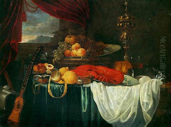 A  'pronk' Still Life With Grapes, Peaches And Pears On A Wan-li-dish On A Basket, A Lobster, On A Plate Lemon And Peaches In Pewter Plate On A Draped Table Oil Painting by Jan Pauwel Gillemans The Elder