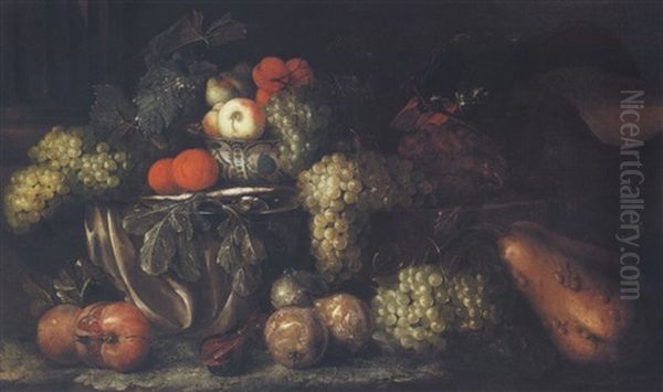 Still Life Of Fruit In A Blue And White Porcelain Bowl, And An African Grey Parrot, All On A Draped With A White Cloth Oil Painting by Jan Pauwel Gillemans The Elder