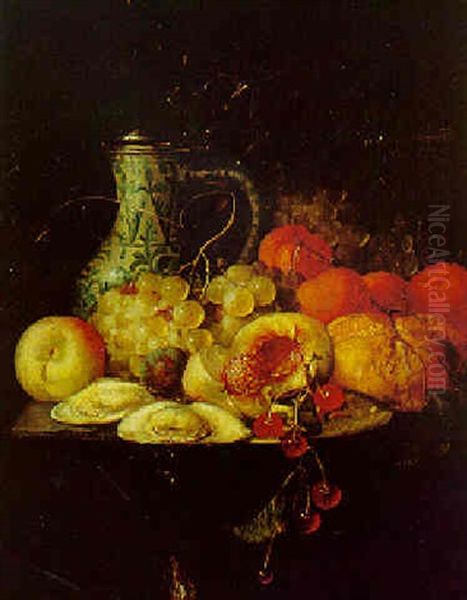 A Halved Peach, A Sprig Of Cherries And Oysters On A Pewter Plate, With Fruit And A Bread Roll On A Table Oil Painting by Jan Pauwel Gillemans The Elder