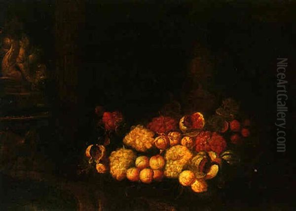 Still Life Of Grapes, Apricots, Pomegranates And Melon In Front Of Garden Statuary Oil Painting by Jan Pauwel Gillemans The Elder