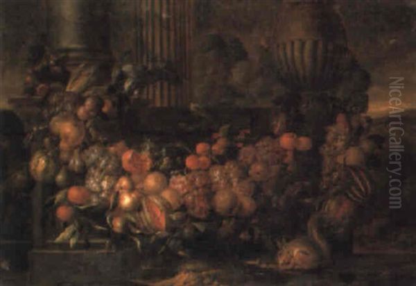 A Swag Of Melons And Other Fruit With A Parrot And Squirrel In A Landscape Oil Painting by Jan Pauwel Gillemans The Elder