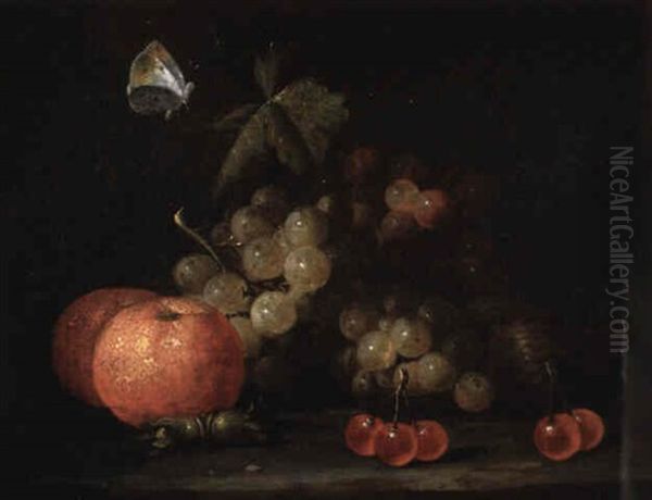 Nature Morte Aux Fruits: Cerises, Raisins Et Papillon Oil Painting by Jan Pauwel Gillemans The Elder