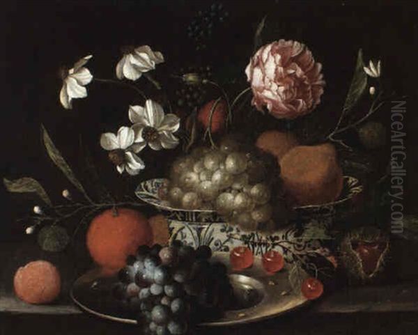 Still Life With Fruit And Flowers On A Ledge Oil Painting by Jan Pauwel Gillemans The Elder