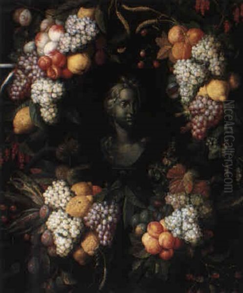 Female Head Framed By A Fruit Garland Oil Painting by Jan Pauwel Gillemans The Elder