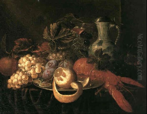 A Still Life With A Lobster, A Plate Of Fruit Including A   Half Peeled Lemon, Plums, A Bunch Of Grapes And Vines, A Oil Painting by Jan Pauwel Gillemans The Elder