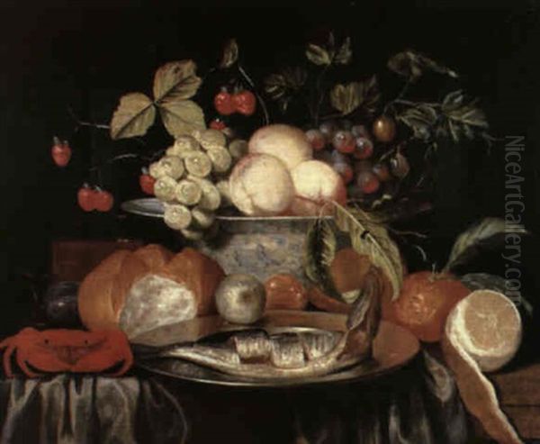 A Still Life With A Bowl Of Assorted Fruit Upon A Table     With A Crab, Bread, A Plate With A Herring, An Orange And A Oil Painting by Jan Pauwel Gillemans The Elder