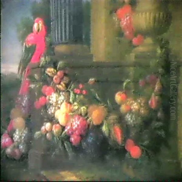 Stilleben Mit Fruchtesgirlande Und Papagei Oil Painting by Jan Pauwel Gillemans The Elder