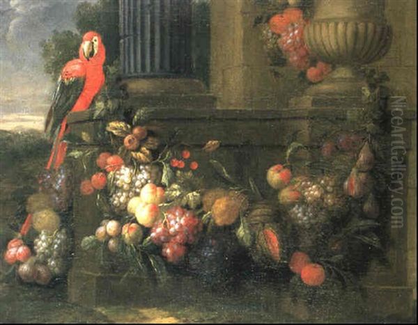 Stilleben Mit Fruchtegirlande Und Papagei Oil Painting by Jan Pauwel Gillemans The Elder