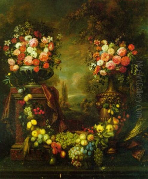 A Garland Of Fruit Draped Between A Pedestal With An Urn Of Flowers And A Large Vase With Flowers, In A Landscape Oil Painting by Jan Pauwel Gillemans The Elder