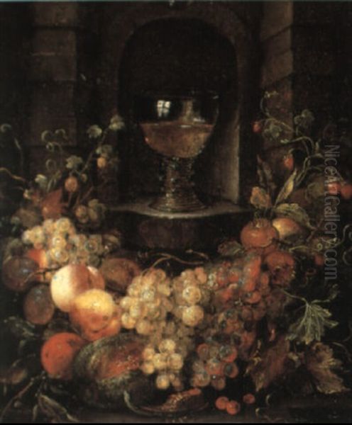 A Still Life Of Fruit Below A Roemer On A Ledge Oil Painting by Jan Pauwel Gillemans The Elder