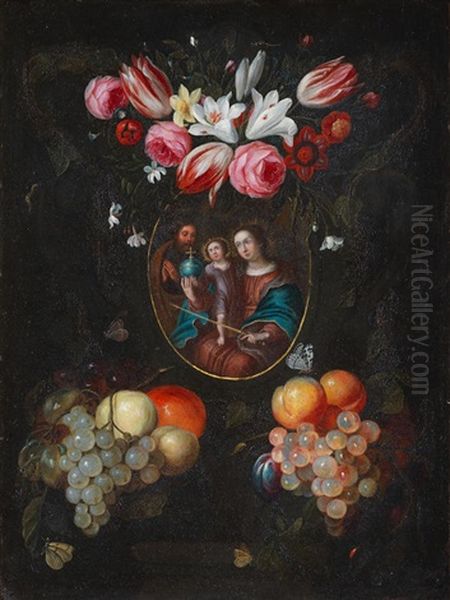 The Madonna And Child Surrounded By Fruit And Flowers; And The Holy Family Surrounded By Fruit And Flowers (2) Oil Painting by Jan Pauwel Gillemans the Younger