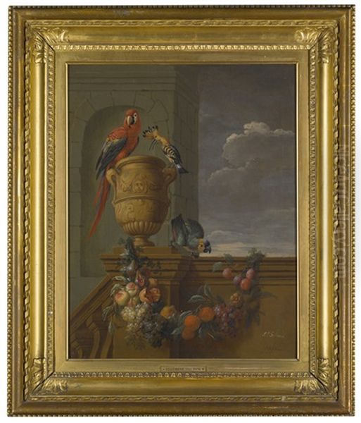 A Macaw And A Hoopoe Perched On A Stone Urn With A Parrot On The Balustrade From Which Hangs A Swag Of Fruit Oil Painting by Jan Pauwel Gillemans the Younger