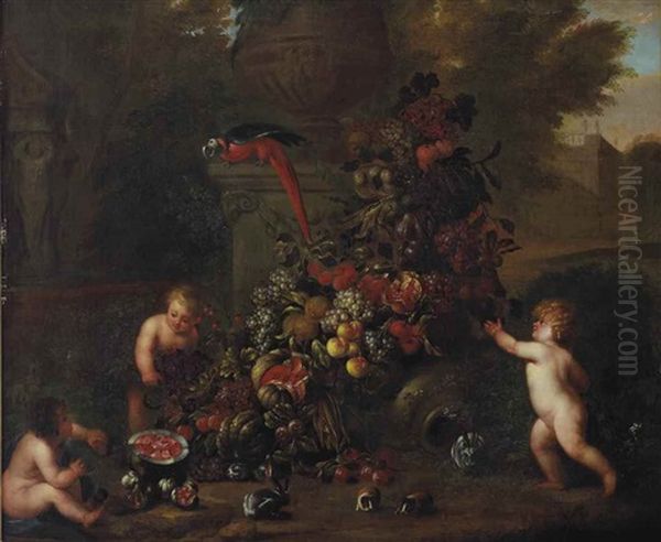 A Park Landscape With Putti Adorning A Classical Ornament With An Abundance Of Fruit by Jan Pauwel Gillemans the Younger