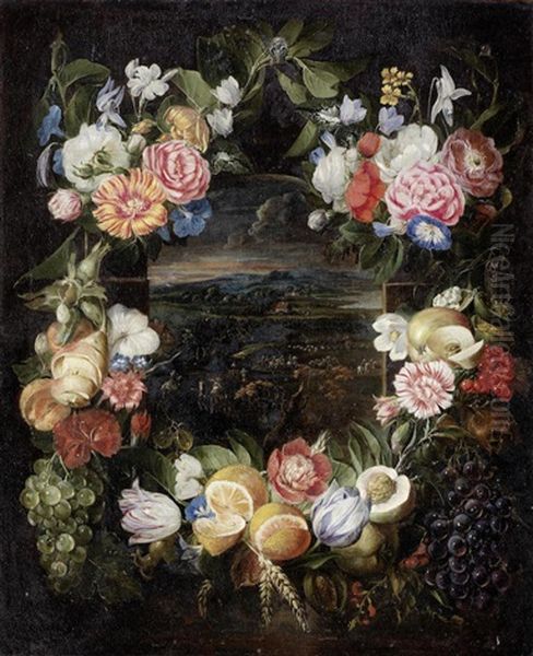 An Extensive River Landscape Surrounded By A Garland Of Flowers And Fruit Oil Painting by Jan Pauwel Gillemans the Younger