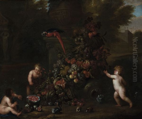 Putti Decorating A Classical Garden Ornament With A Festoon Of Flowers In A Landscape Oil Painting by Jan Pauwel Gillemans the Younger