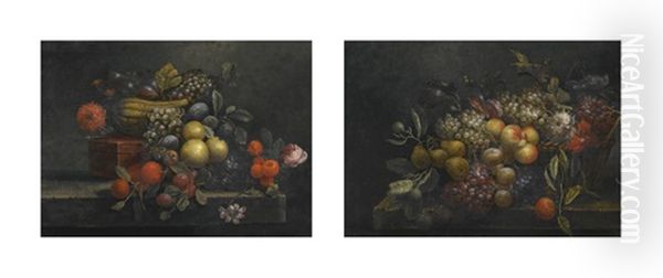 Still Life Of Grapes, Oranges, Figs, A Melon, Flowers And A Red Lacquer Box, All Upon A Stone Ledge; Still Life Of Pears, Grapes, Peaches, Figs, Flowers And A Woven Basket, All Upon A Stone Ledge (pair) Oil Painting by Jan Pauwel Gillemans the Younger