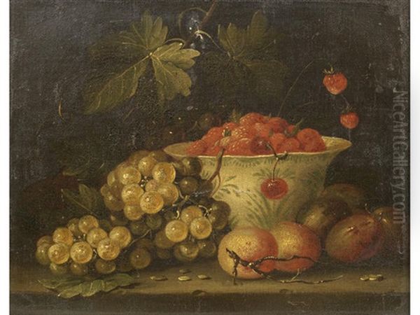 A Dish Of Wild Strawberries With Grapes And Plums On A Stone Ledge Oil Painting by Jan Pauwel Gillemans the Younger