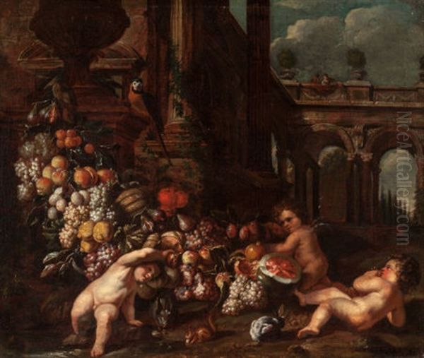 Classical Landscape With Putti And Garlands Oil Painting by Jan Pauwel Gillemans the Younger