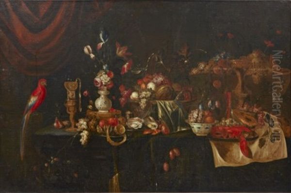 Stilleben Med Frukter, Blommor, Skaldjur Och Faglar Oil Painting by Jan Pauwel Gillemans the Younger