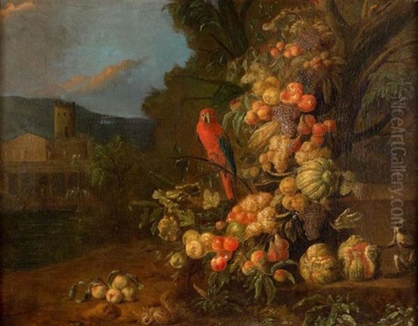 Composition De Fruits Avec Un Ara, Un Singe Et Un Ecureuil Sur Un Fond Paysager Oil Painting by Jan Pauwel Gillemans the Younger