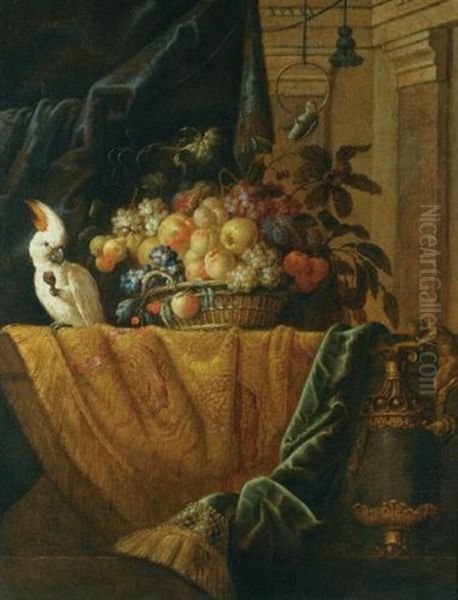 A Still Life With A Basket Of Fruit And A Parakeet Upon A Ledge Draped With A Damask Beside An Ormolu Mounted Porphyry Vase Oil Painting by Jan Pauwel Gillemans the Younger