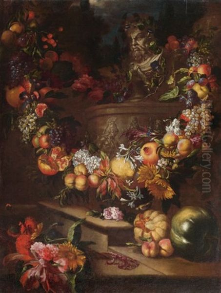 Nature Morte Aux Fleurs Et Fruits Oil Painting by Jan Pauwel Gillemans the Younger