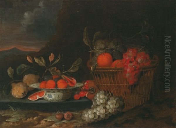 Stilleben Mit Fruchten In Einer Wan Li Krak-porzellan-schale Und In Einem Korb In Einer Gebirgigen Landschaft Oil Painting by Jan Pauwel Gillemans the Younger