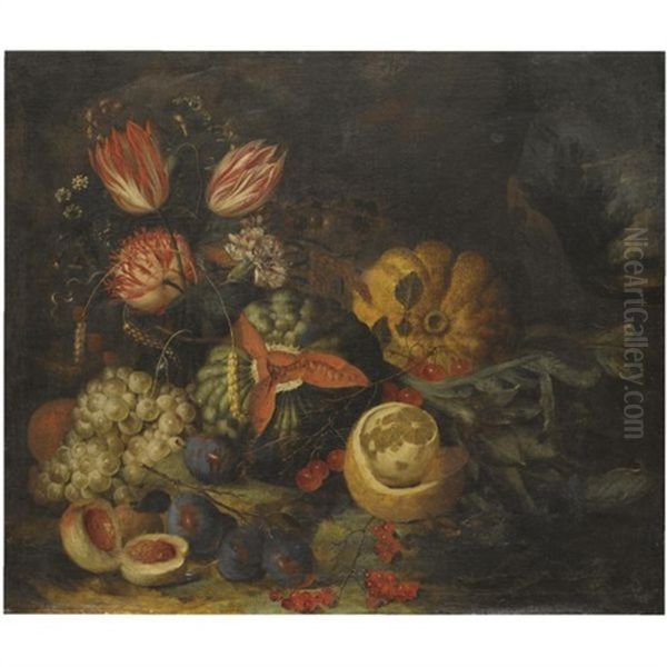 A Still Life With Tulips, Carnations, Grapes, Melons, Peaches, Cherries And A Partly Peeled Lemon Oil Painting by Jan Pauwel Gillemans the Younger