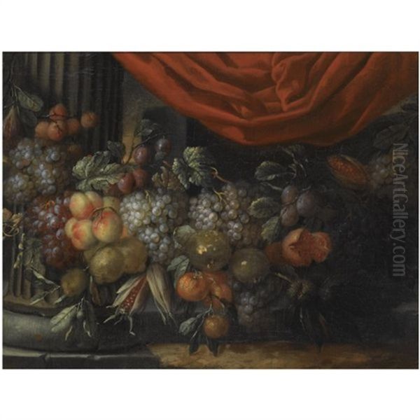 A Garland Of Blue And White Grapes, Peaches, Oranges, Lemons And Prunes, Figs, Corn And Chestnuts, In A Landscape Near A Classical Column Oil Painting by Jan Pauwel Gillemans the Younger