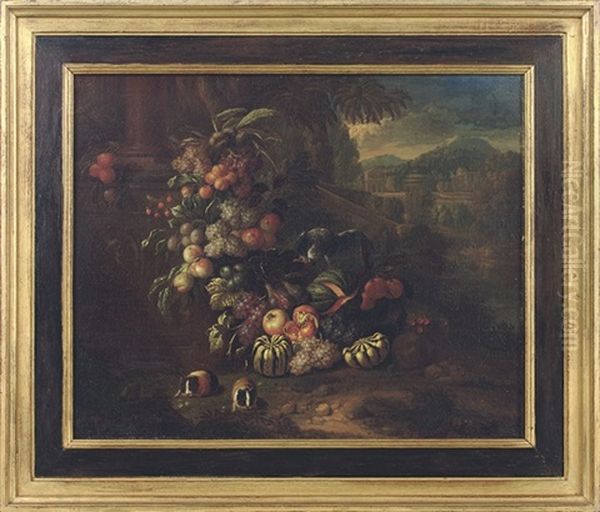 Grapes, Pumpkins, Melons And Other Fruit, A Parrot And Two Guinea-pigs In An Italianate Landscape Oil Painting by Jan Pauwel Gillemans the Younger