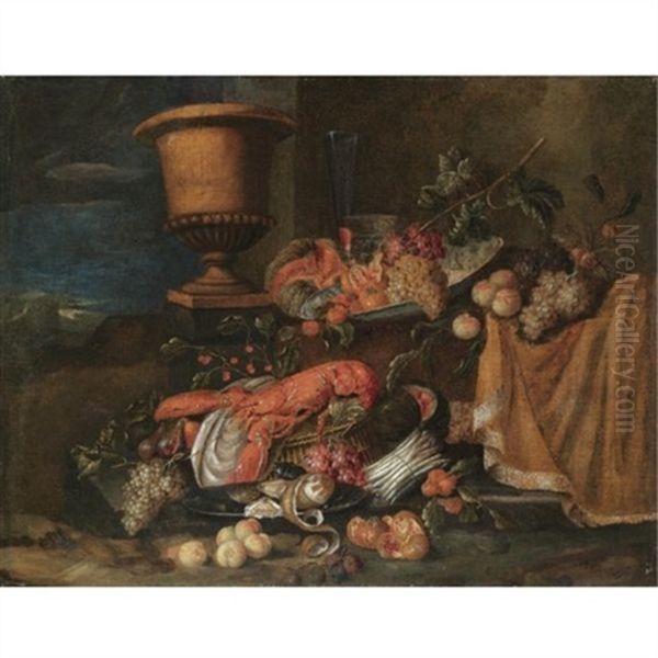 A Still Life With A Lobster Together With Grapes, Melons, Figs Pommegranates And Various Other Fruits, Together With An Urn And Various Bowls In A Landscape Oil Painting by Jan Pauwel Gillemans the Younger