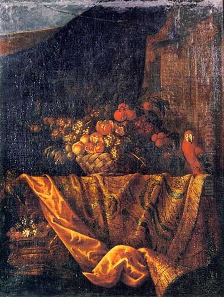 Peaches And Grapes In A Basket On A Draped Table With A Parrot, In An Interior Oil Painting by Jan Pauwel Gillemans the Younger