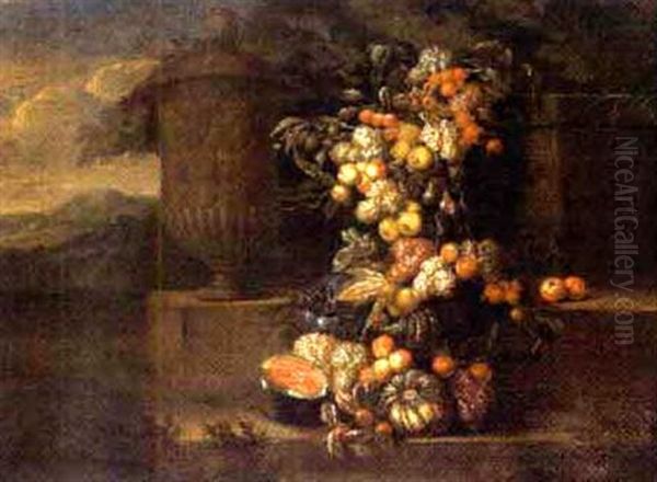 Stillleben Mit Melonen, Weintrauben, Pfirsichen, Feigen, Zitronen Und Granatapfeln Neben Einer Steinernen Vase In Einem Schlosspark Oil Painting by Jan Pauwel Gillemans the Younger