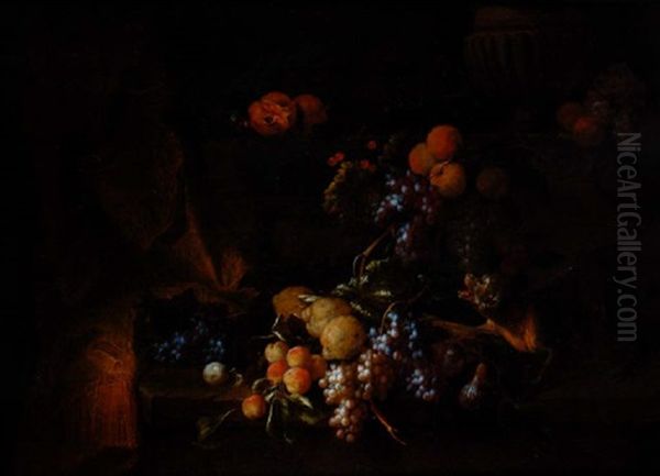 Singe Et Perroquet Se Querellant Pres De Divers Fruits Poses Sur Une Margelle De Pierre Oil Painting by Jan Pauwel Gillemans the Younger