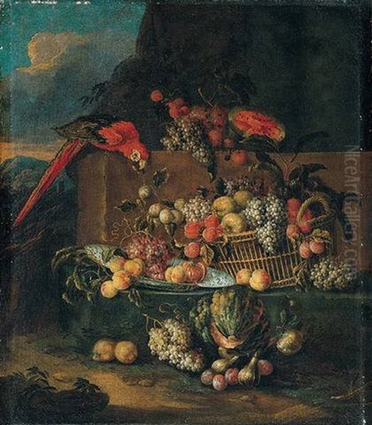 Still Life Of Fruits In A Basket And A Blue And White Dish With A Parrot In A Landscape Oil Painting by Jan Pauwel Gillemans the Younger