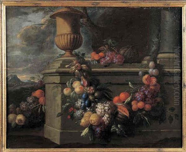 Nature Morte A La Guirlande De Fruits Ornant Une Balustrade Oil Painting by Jan Pauwel Gillemans the Younger