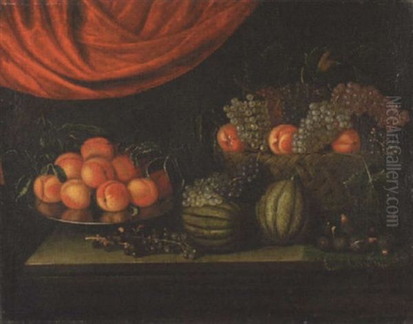 Nature-morte De Fruits: Plat De Peches, Corbeilles De Peches Et Raisins, Figues, Melons Et Raisins Voisinant Sur Un Grand Entablement Que Surplombe Une Draperie Rouge Oil Painting by Jan Pauwel Gillemans the Younger