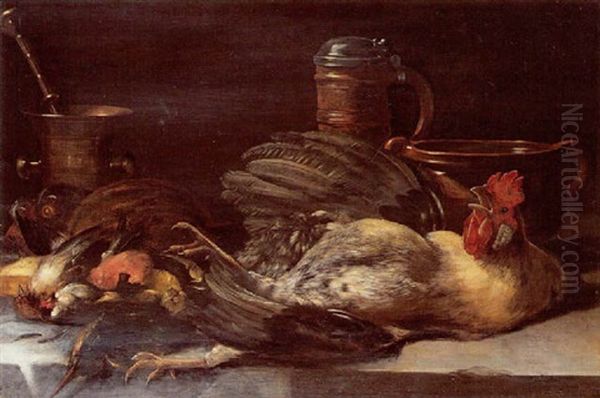 Nature Morte De Gibier, Volailles Et Ustensiles De Cuisine Oil Painting by Jan Pauwel Gillemans the Younger