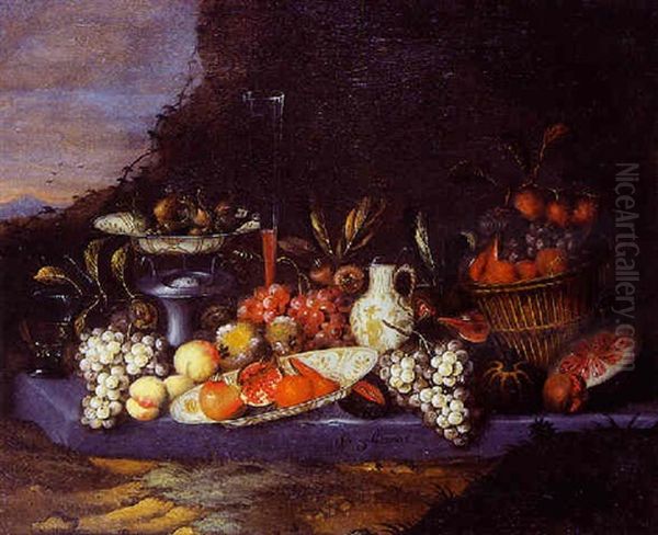 Fruits, Verres De Vin, Pichet Et Son Presentoir Voisinant Avec Une Corbeille De Fruits by Jan Pauwel Gillemans the Younger