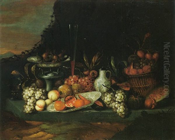 Still Life Of Grapes, Peaches, Plums, Pomegranates, And Melons In A Blue-and-white Porcelain Bowl And A Glass Roemer On A Ledge Oil Painting by Jan Pauwel Gillemans the Younger