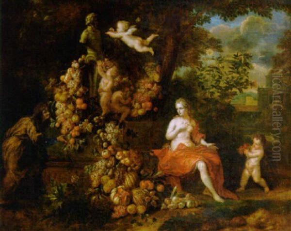 Vertumnus And Pomona, Putti Decorating A Statue Of Pan With A Swag Of Fruit, In A Landscape by Jan Pauwel Gillemans the Younger