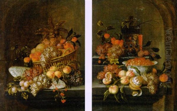 Grapes, Peaches, Oranges And Other Fruit In A Basket, On A Tone Ledge In A Niche by Jan Pauwel Gillemans the Younger