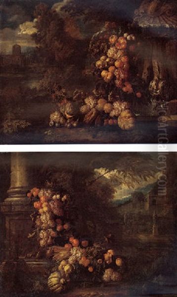 Still Life Of Fruit Swags In An Ornamental Garden Oil Painting by Jan Pauwel Gillemans the Younger