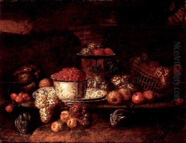 A Still Life Of Grapes, Apples, Figs, And Other Fruit In A Wan-li Porcelain Bowl, And Rabbits, Within An Architectural Setting Oil Painting by Jan Pauwel Gillemans the Younger