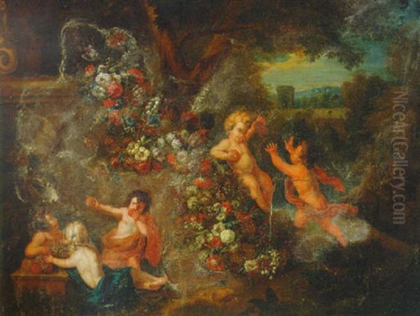 Putti Eating Fruit By A Swag Of Flowers In A Landscape Oil Painting by Jan Pauwel Gillemans the Younger