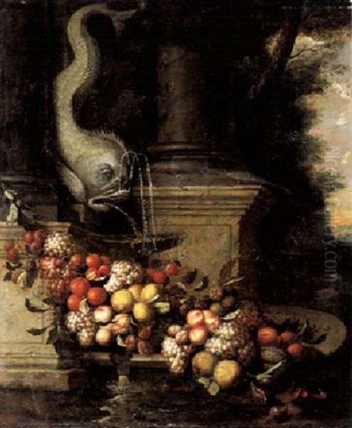 Stilleben Mit Fruchten Bei Einem Brunnen In Form Eines Wasserspeienden Fisches by Jan Pauwel Gillemans the Younger