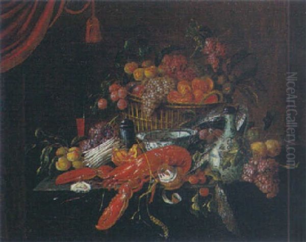 Still Life With A Basket Of Fruit, A Crayfish, Blue And White Bowl And Ewer, An Oyster And Fruits On A Table Oil Painting by Jan Pauwel Gillemans the Younger