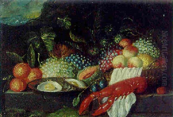 A Lobster, A Plate Of Oysters And Fruit On A Stone Ledge In A Landscape Oil Painting by Jan Pauwel Gillemans the Younger